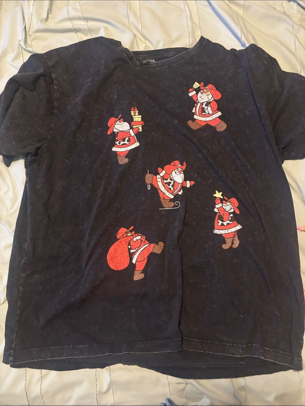 Women's Black Short Sleeve Holiday Graphic Tee with Santa Motif